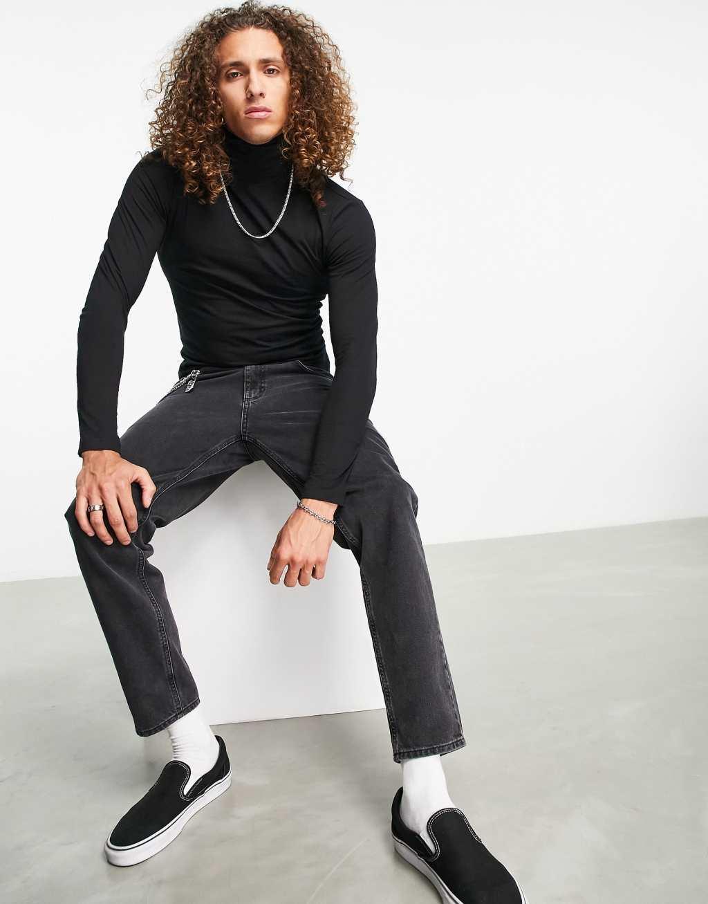ASOS DESIGN muscle fit jersey roll neck in black Product Image