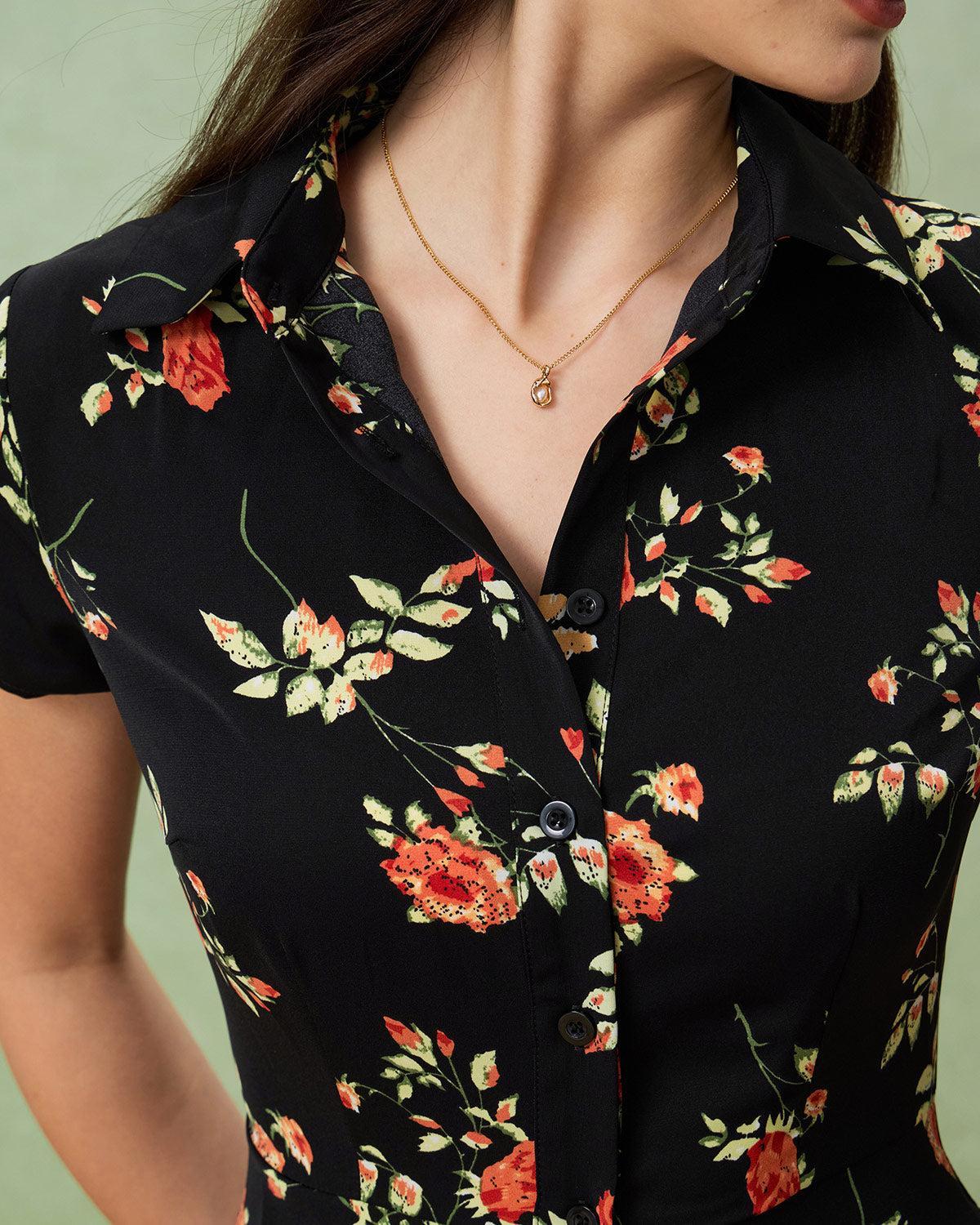 Black Floral Button A-Line Midi Dress Product Image