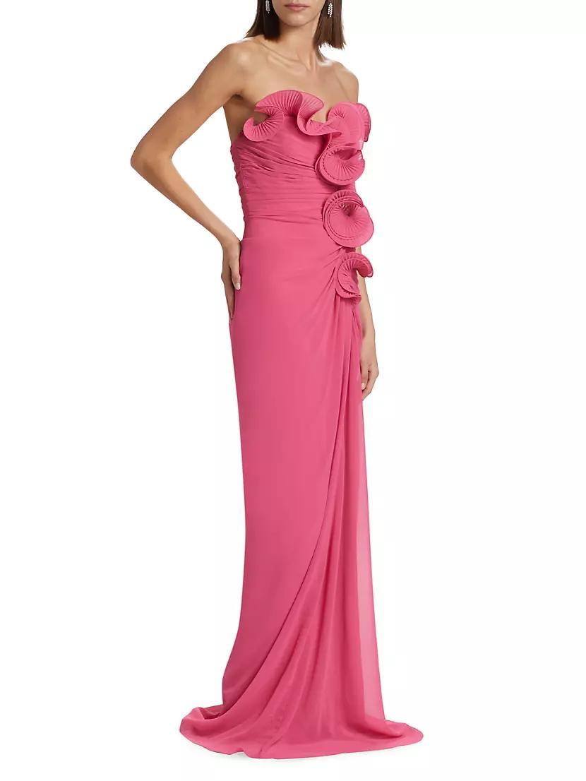 Womens Ruffled Georgette Strapless Gown Product Image