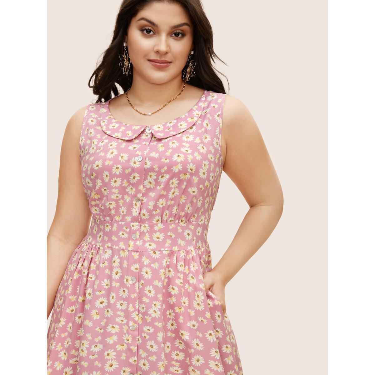 Plus Size Collared Daisy Midi Dress Blush Women Elegant Gathered Lapel Collar Sleeveless Curvy BloomChic 30/6X Product Image