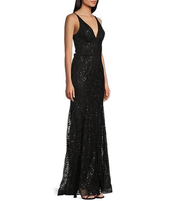 Blondie Nites Glitter Mesh Leaf Print V-Neck Tie Back Long Gown Product Image