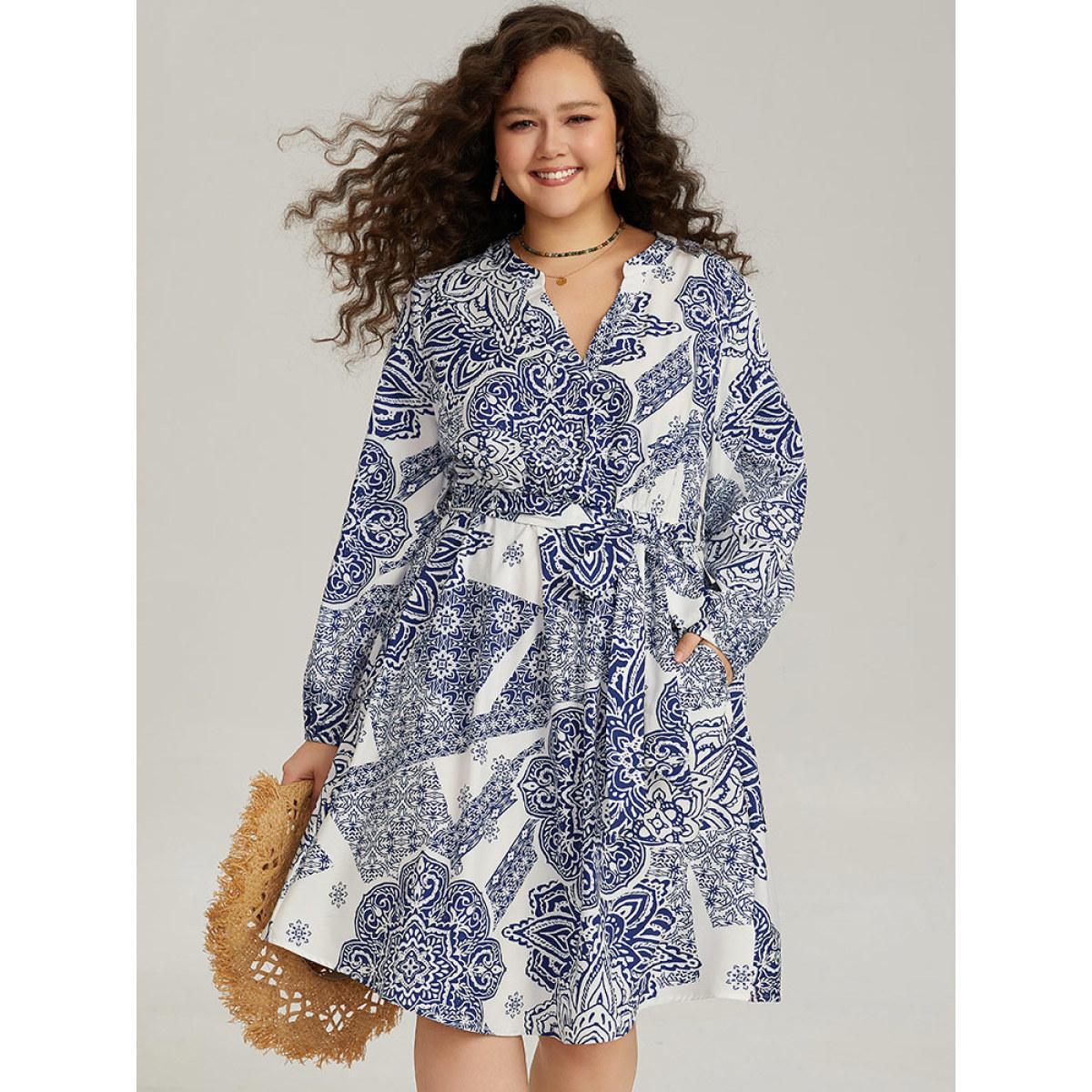 Plus Size Bandana Print Notched Belted Dress Blue Women Vacation Elastic cuffs Notched collar Long Sleeve Curvy Midi Dress BloomChic 30/6X Product Image