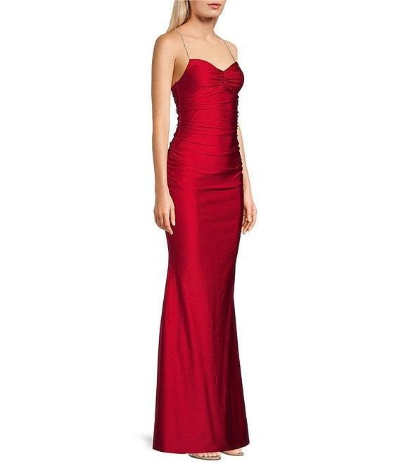Midnight Doll Jersey Knit Satin V-Neck Sleeveless Rhinestone Strap Lace Up Back Side Slit Dress Product Image