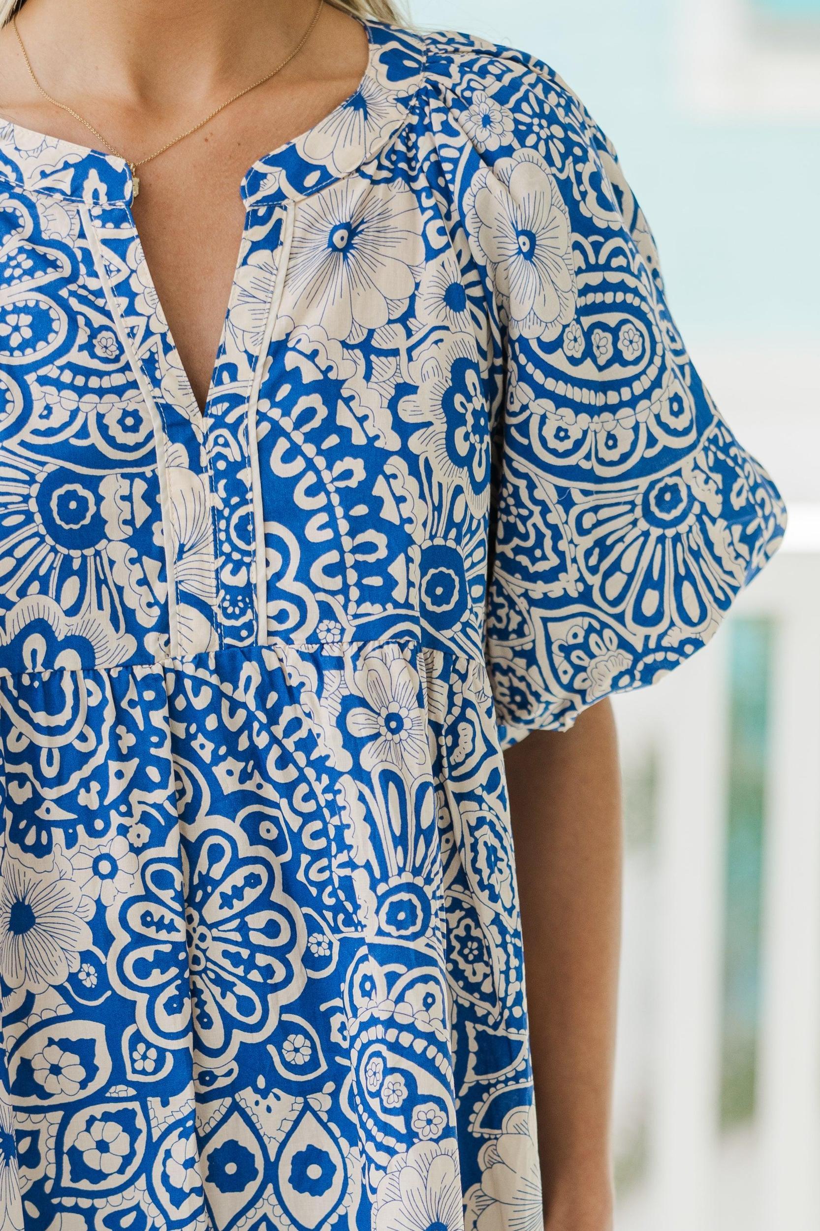 There You Go Blue Floral Bubble Sleeve Dress Female Product Image