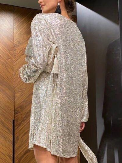 Sequin Tie Waist Long Sleeve Mini Dress Product Image