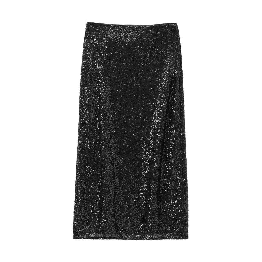 High Rise Plain Sequin Midi Straight Wrap Skirt Product Image