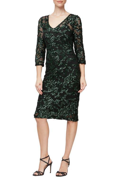 Alex Evenings Short V-Neck Sheath Dress with Illusion Neckline and 3/4 Sleeves Green) Women's Dress Product Image