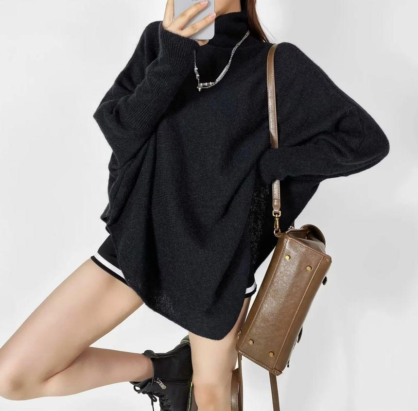 Turtleneck Asymmetrical Plain Sweater Product Image