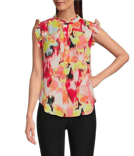DKNY By Donna Karan Printed Georgette Ruffled Banded Collar Sleeveless Top Product Image