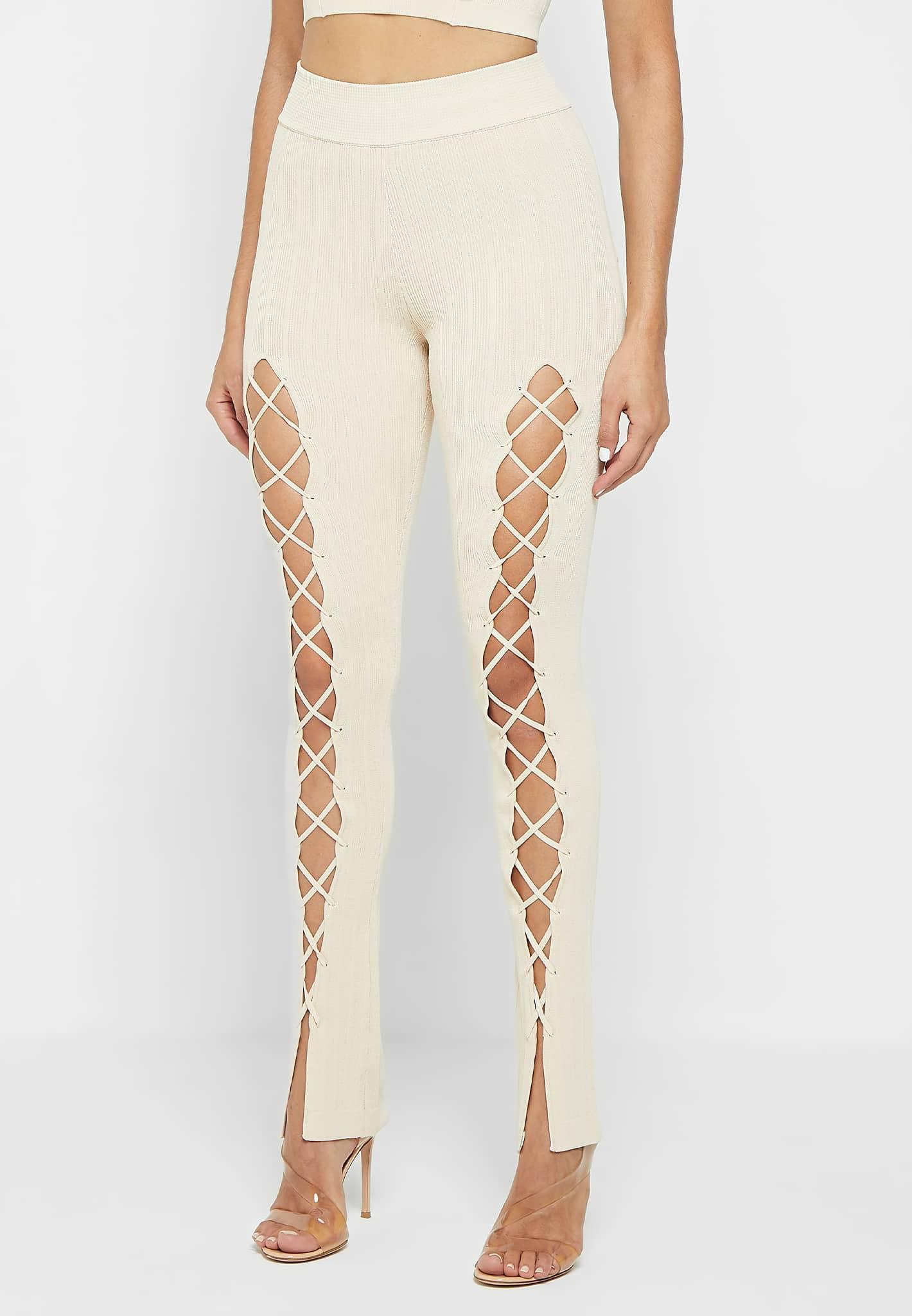 Knitted Lace Up Leggings - Beige Female Product Image