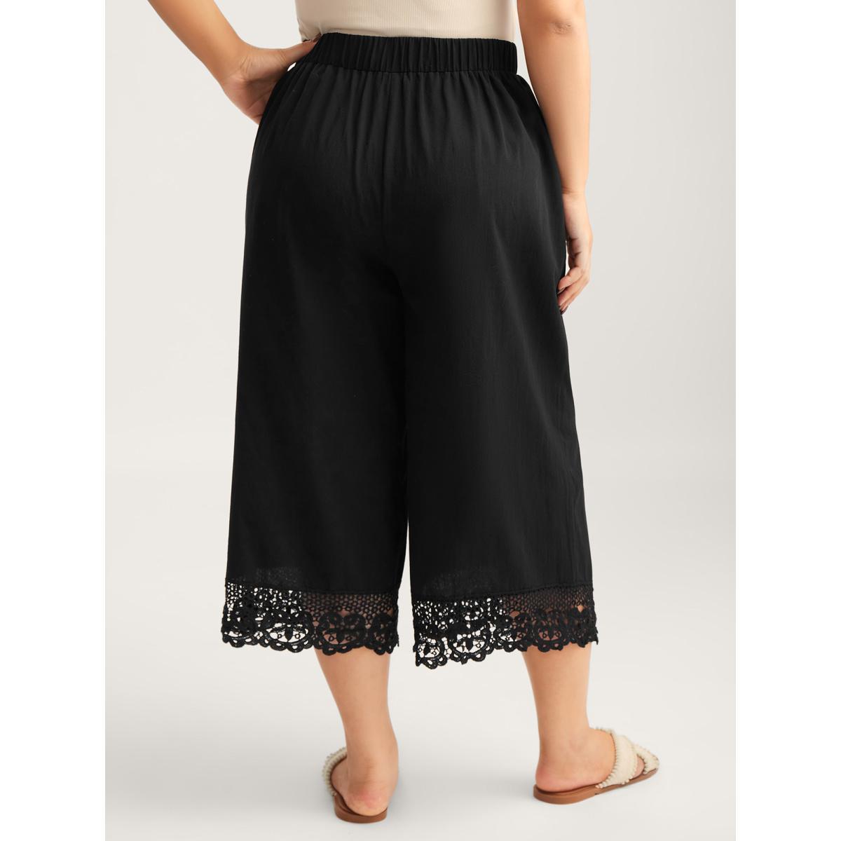 Plus Size Cotton Scalloped Lace Hem Wide-Leg Pants Women Black Resort Wide Leg Mid Rise Vacation Pants BloomChic 18-20/2X Product Image