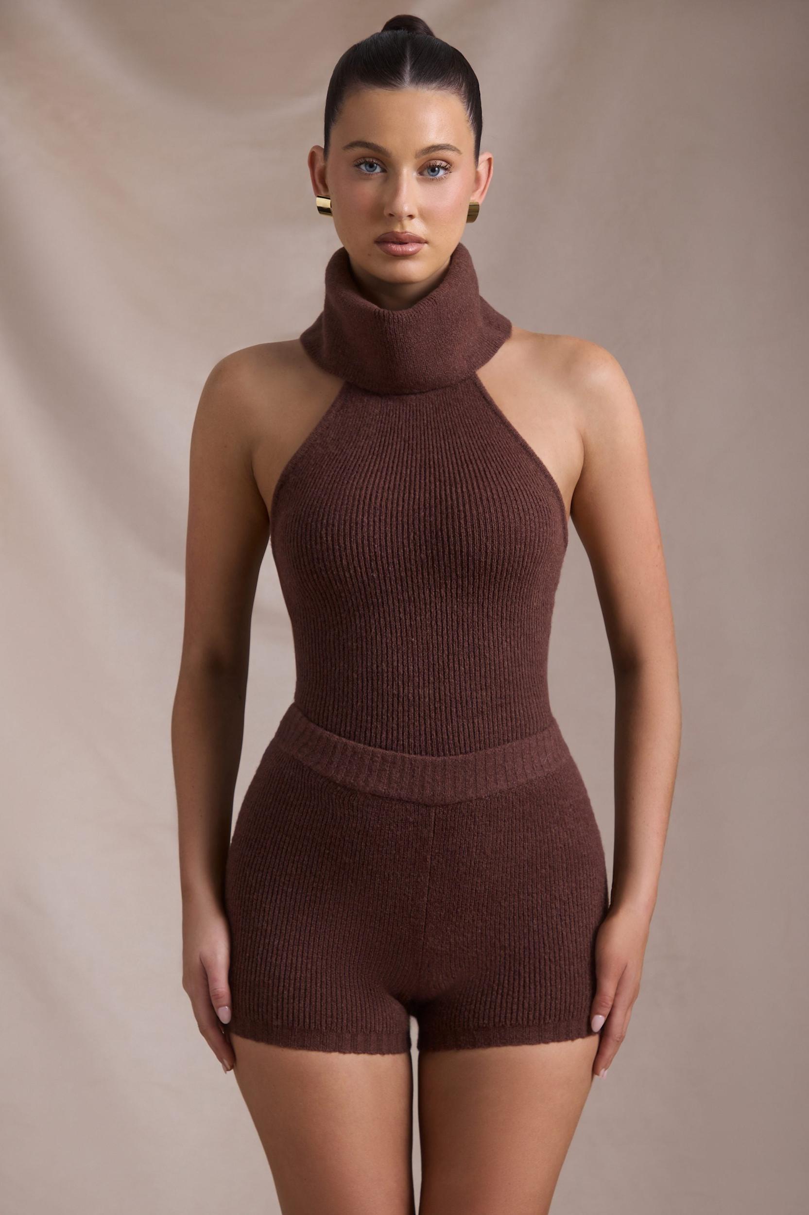 Ribbed-Knit Turtleneck Backless Top in Espresso Product Image