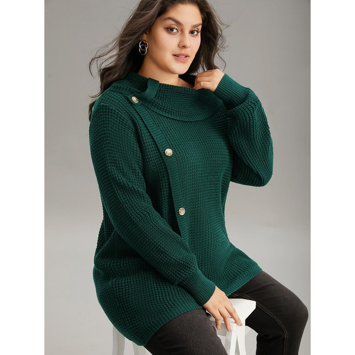 Plus Size Supersoft Essentials Anti-Pilling Button Detail Pullover DarkGreen Women Casual Loose Long Sleeve Lapel Collar Everyday Pullovers BloomChic 22-24/3X Product Image