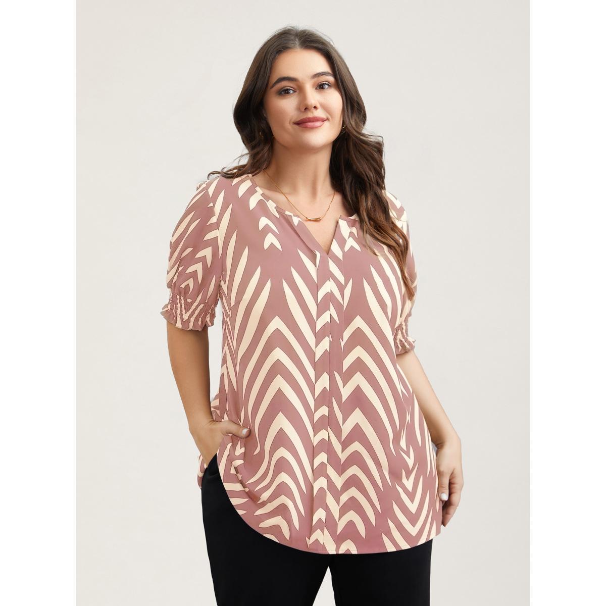 Plus Size DustyPink Geometric Print Ruffled Shirred Shirt Women At the Office Half Sleeve Flat collar with V-notch Work Blouses BloomChic 26/4X Product Image