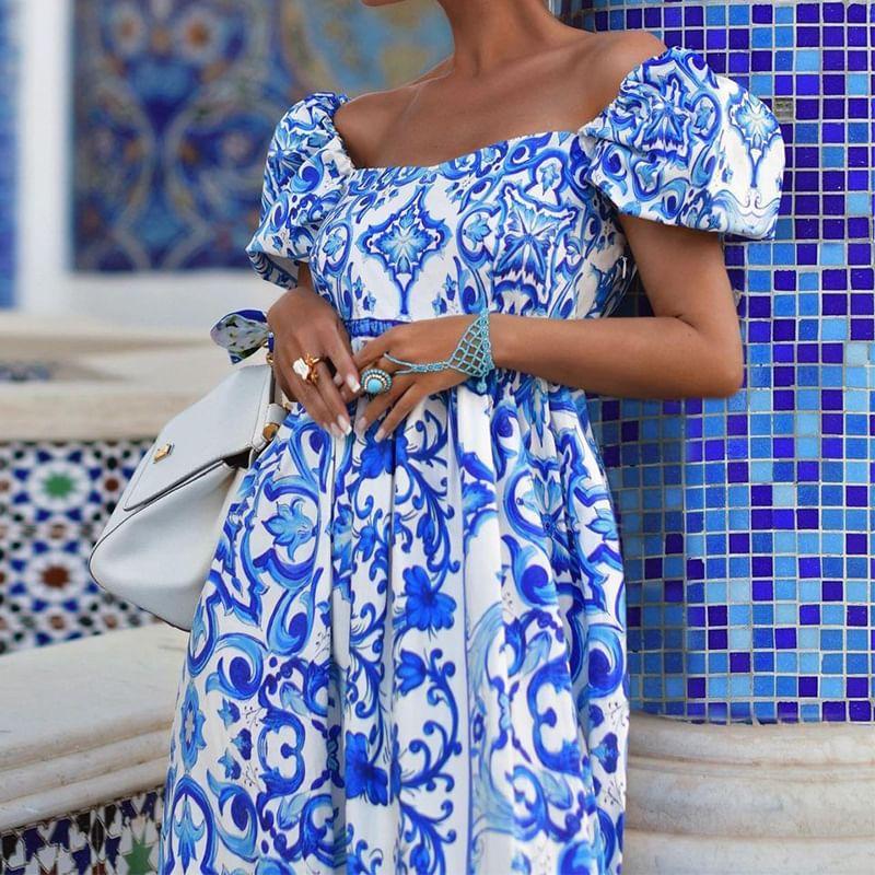 Off Shoulder Print Maxi A-Line Dress Product Image