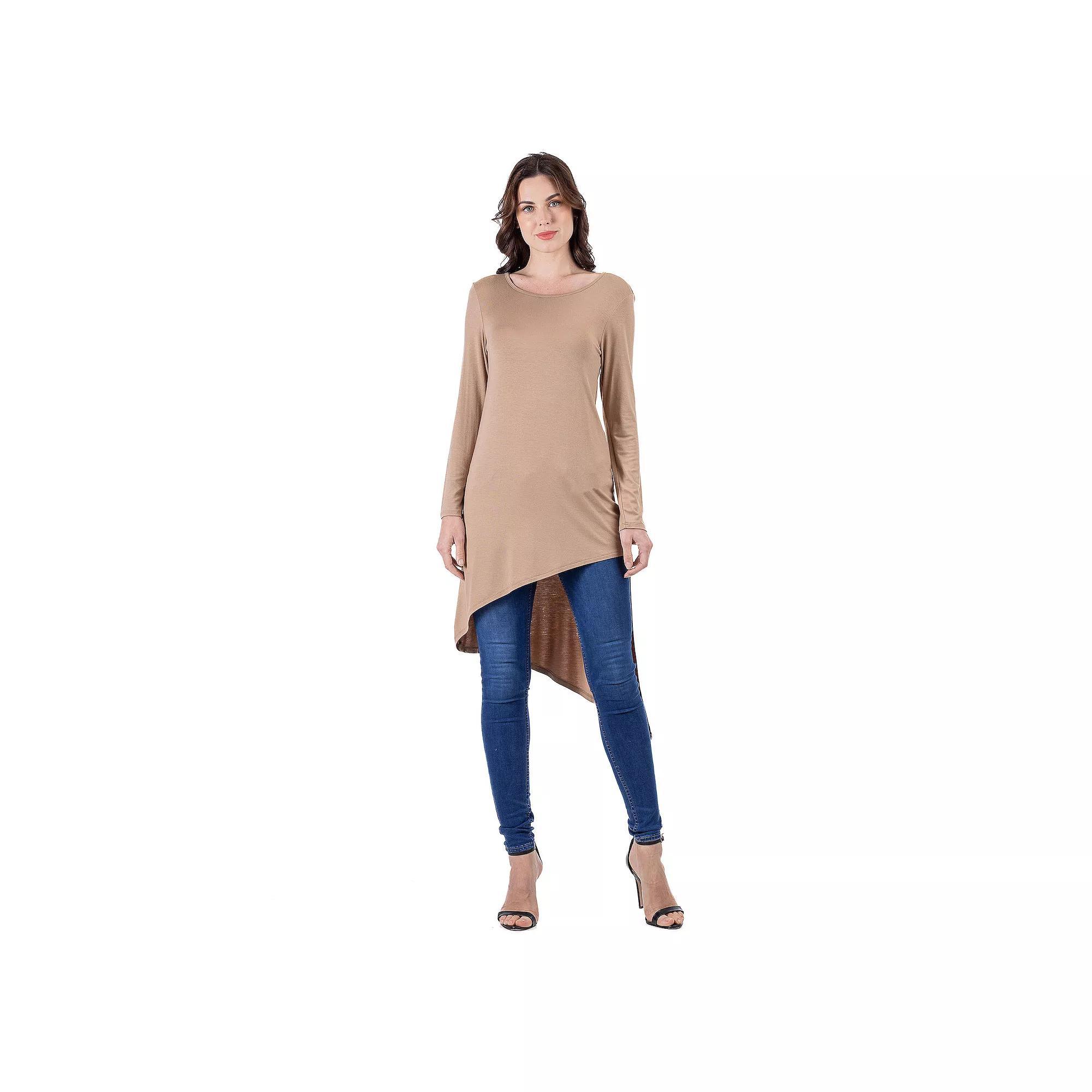 Womens 24Seven Comfort Apparel Long Sleeve Knee Length Asymmetrical Tunic Top Brown Product Image