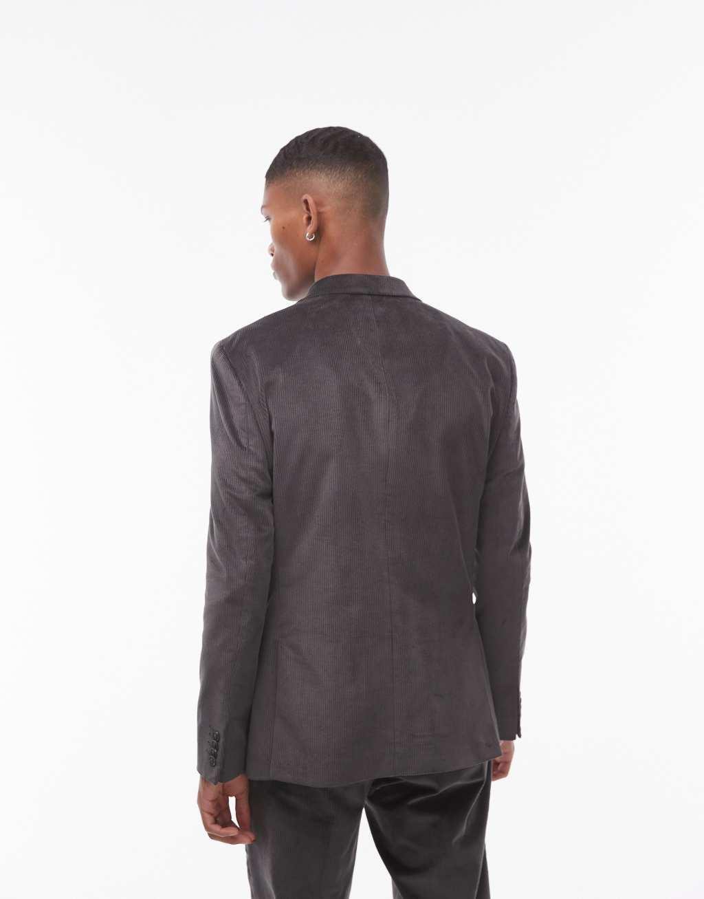 Topman skinny cord suit jacket in charcoal Product Image