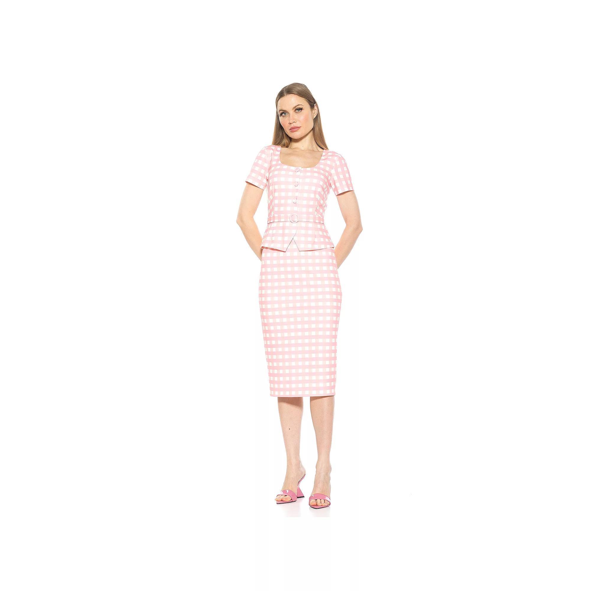 Women's ALEXIA ADMOR Vance Square Neck Short Sleeve Peplum Sheath Dress, Size: Large, Pink Plaid Product Image