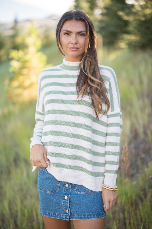 Keep On Shining Olive And Cream Striped Turtleneck Sweater FINAL SALE Product Image