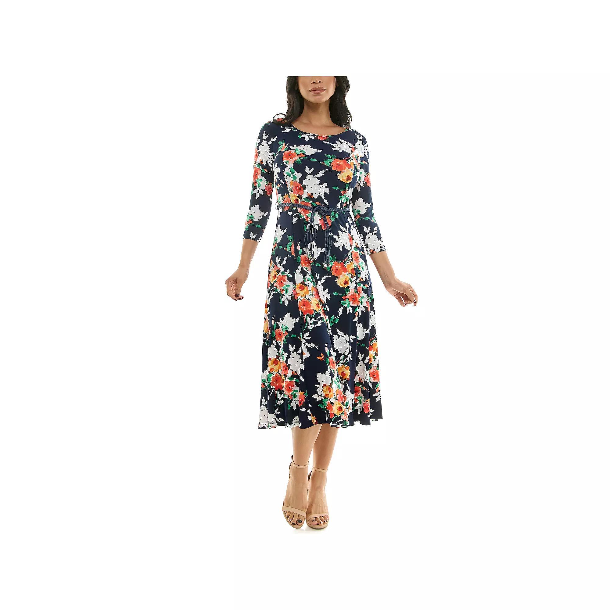 Women's Nina Leonard Sylvia Three-Quarter Sleeve Belted Midi Dress, Size: Large, Blue Team Product Image