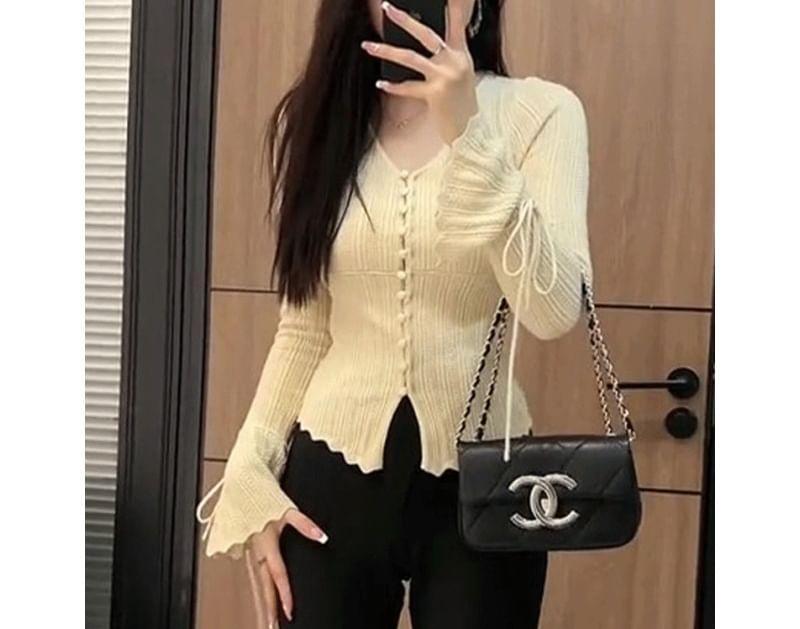 Long Sleeve V-Neck Plain Button Tie-Up Knit Top Product Image