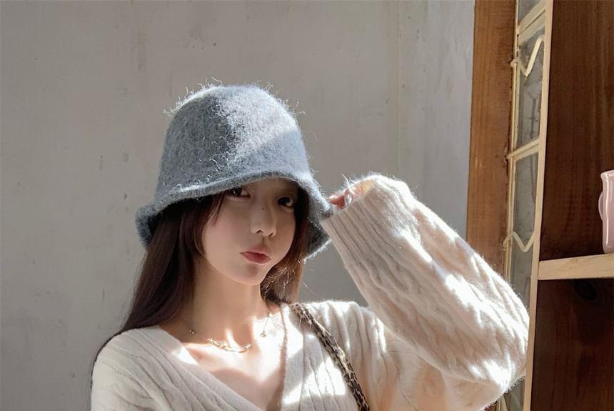V-Neck Plain Cable Knit Cardigan Product Image