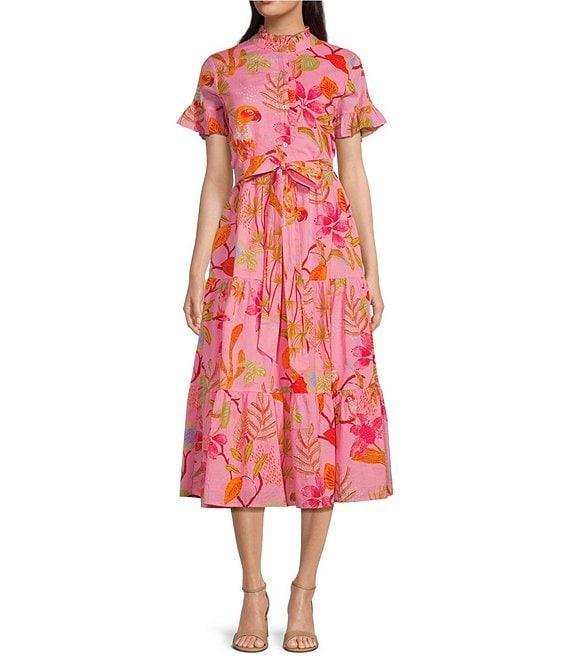 J.Marie Playa Button Up Ruffle Sleeve Belted Tiered Midi A-Line Dress Product Image