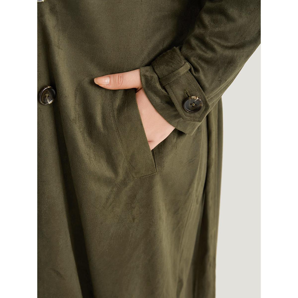 Plus Size Plain Lapel Collar Pocket Belted Faux Suede Coat Women ArmyGreen Casual Plain Ladies Dailywear Winter Coats BloomChic 12/L Product Image
