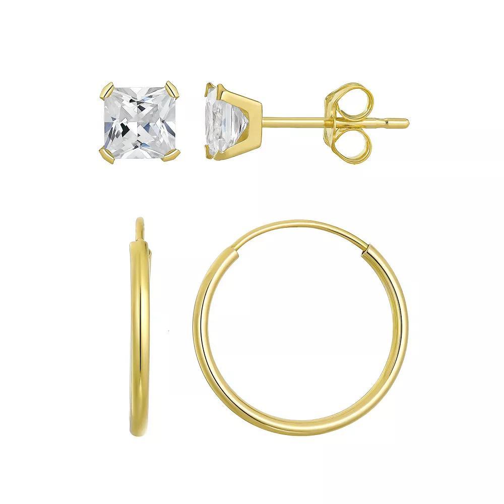 Taylor Grace 10k Gold 3 mm Square Cubic Zirconia Stud & 10 mm Hoop Earring Set, Women's Product Image