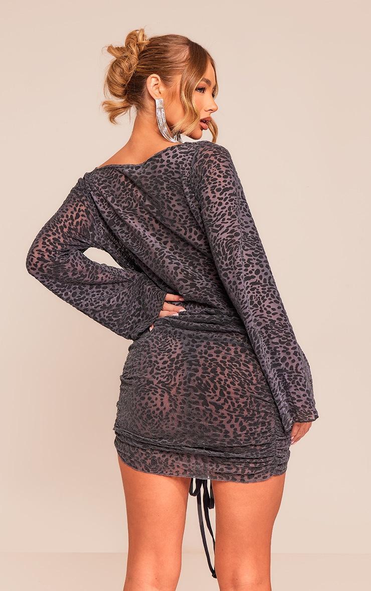 Charcoal Flocked Cowl Tie Detail Ruched Bodycon Dress Product Image