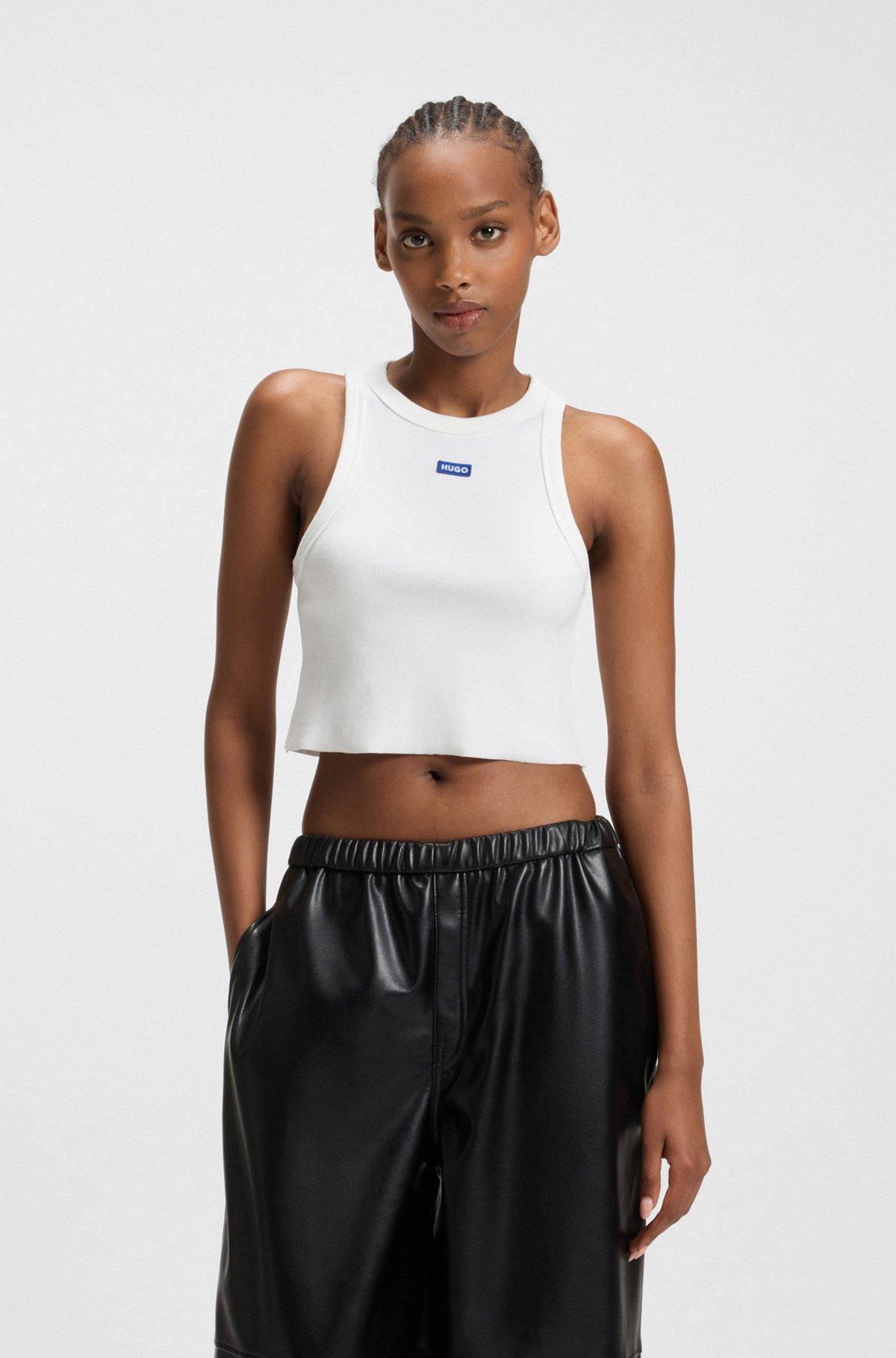 Tank top in ribbed stretch cotton with logo badge Product Image