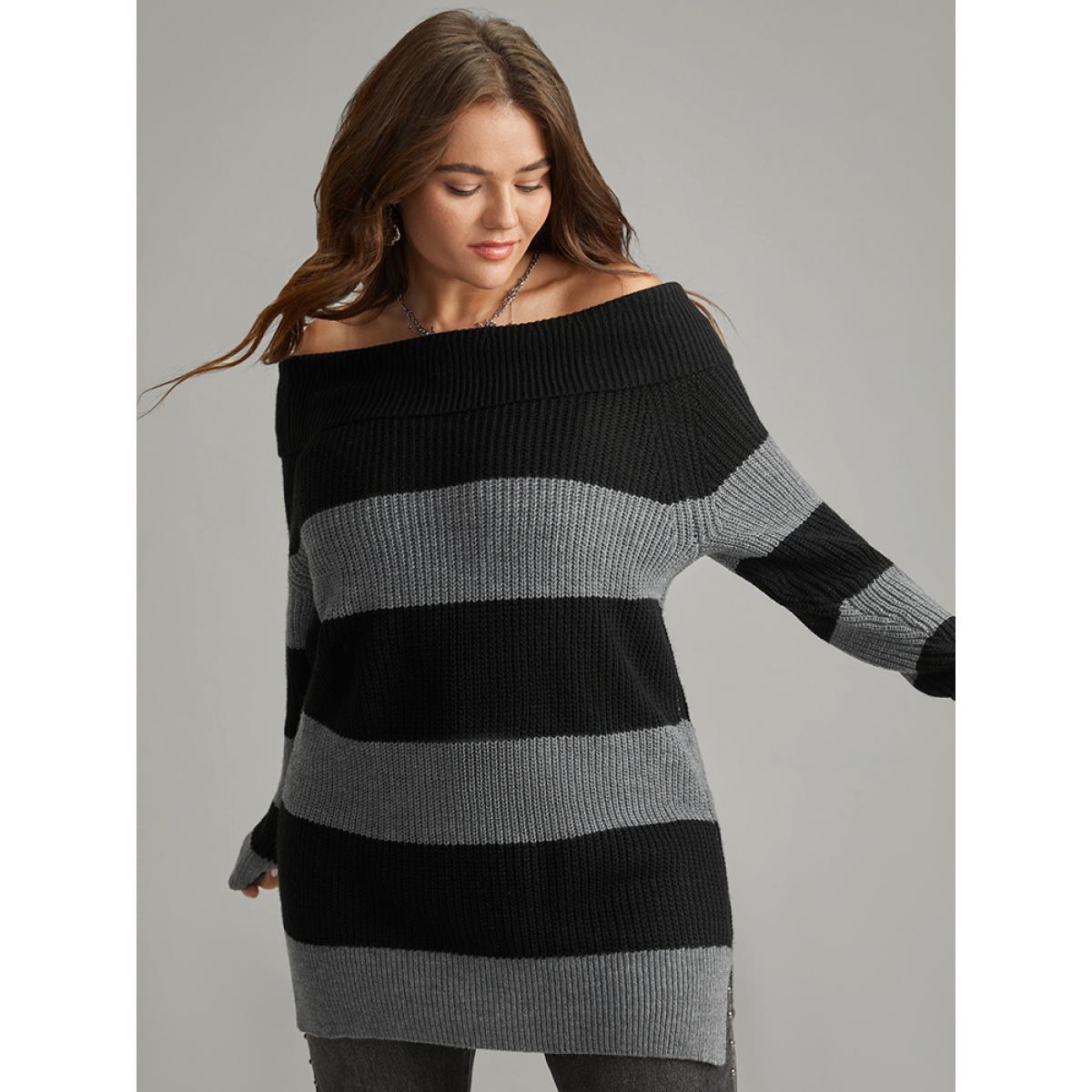 Plus Size Colorblock Drop Shoulder Lapel Collar Pullover Black Women Casual Loose Long Sleeve Lapel Collar Festival-Halloween Pullovers BloomChic 30/6X Product Image