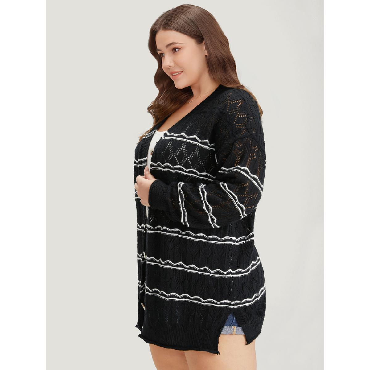 Plus Size Striped Geometric Button Through Cardigan Black Women Casual Loose Long Sleeve Dailywear Cardigans BloomChic 22-24/3X Product Image