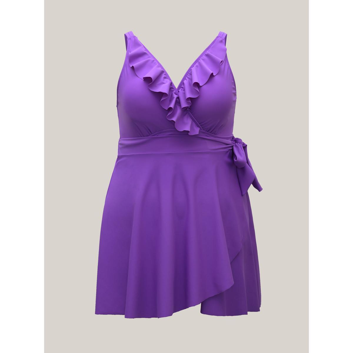 Plus Size Ruffled Edge Waist-Tie Flared Swim Dress Women's Swimwear BlueViolet Beach Bodycon Non High stretch Curve Swim Dresses BloomChic 26/4X Product Image