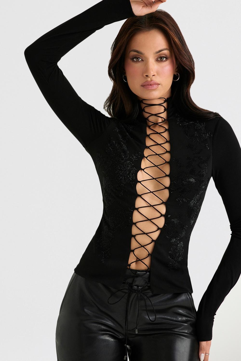 Lori Black Crystallised Lace Up Top Product Image
