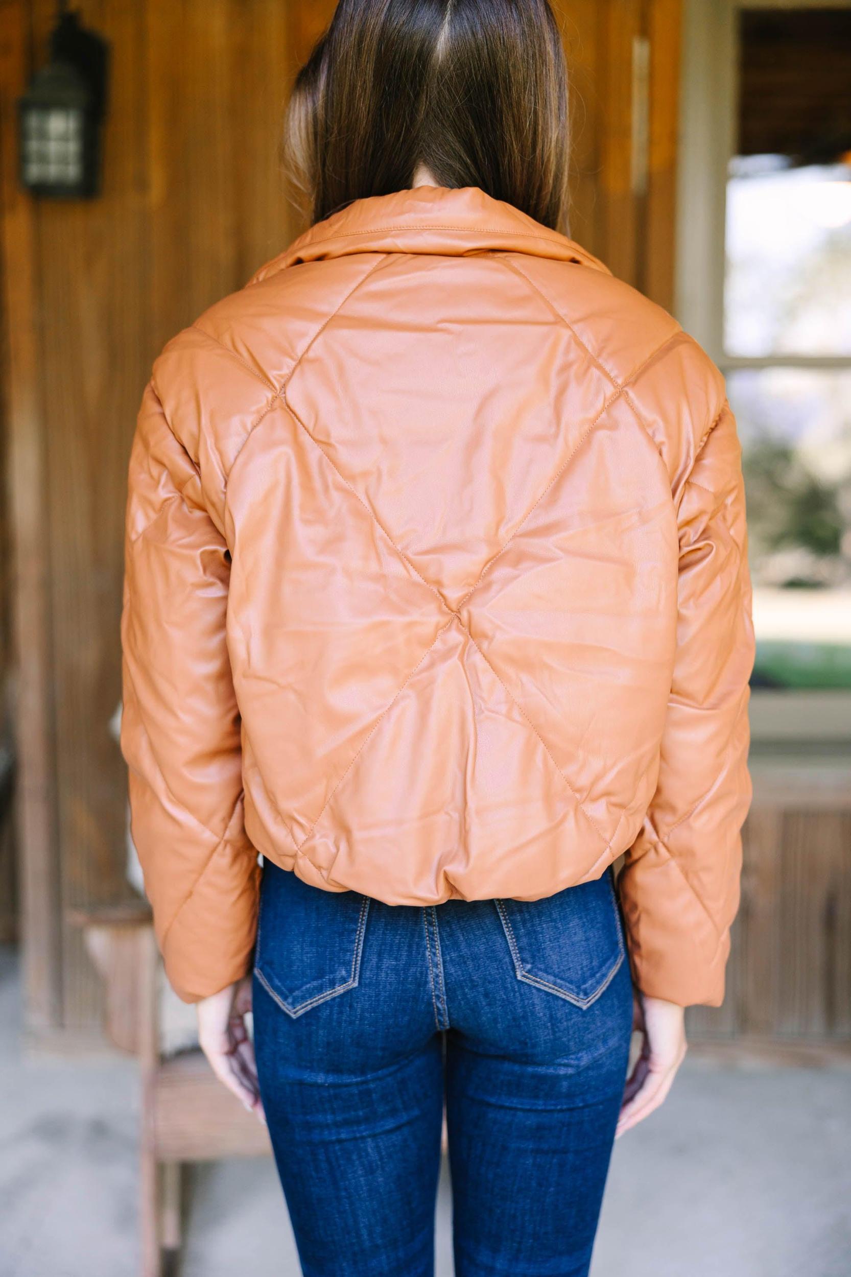 Meet You There Camel Brown Faux Leather Puffer Jacket Female Product Image