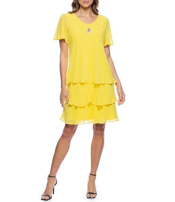 Marina Tiered Chiffon Rhinestone Keyhole V-Neck Flutter Short Sleeve Dress Product Image