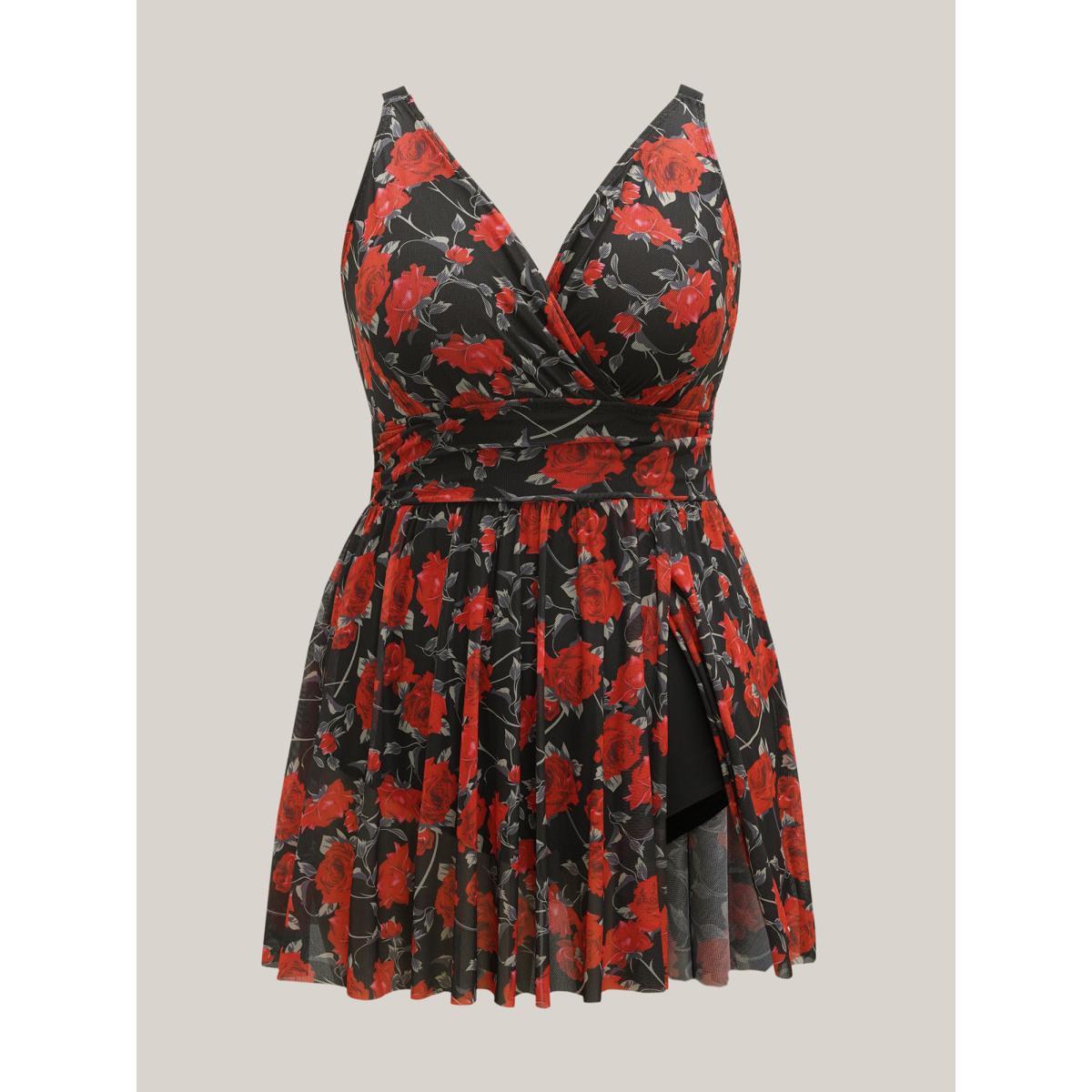 Plus Size Midnight Roses Sheer Pleated Swim Dress Women's Swimwear Black Beach Bodycon Overlap Collar High stretch Curve Swim Dresses BloomChic 22-24/3X Product Image