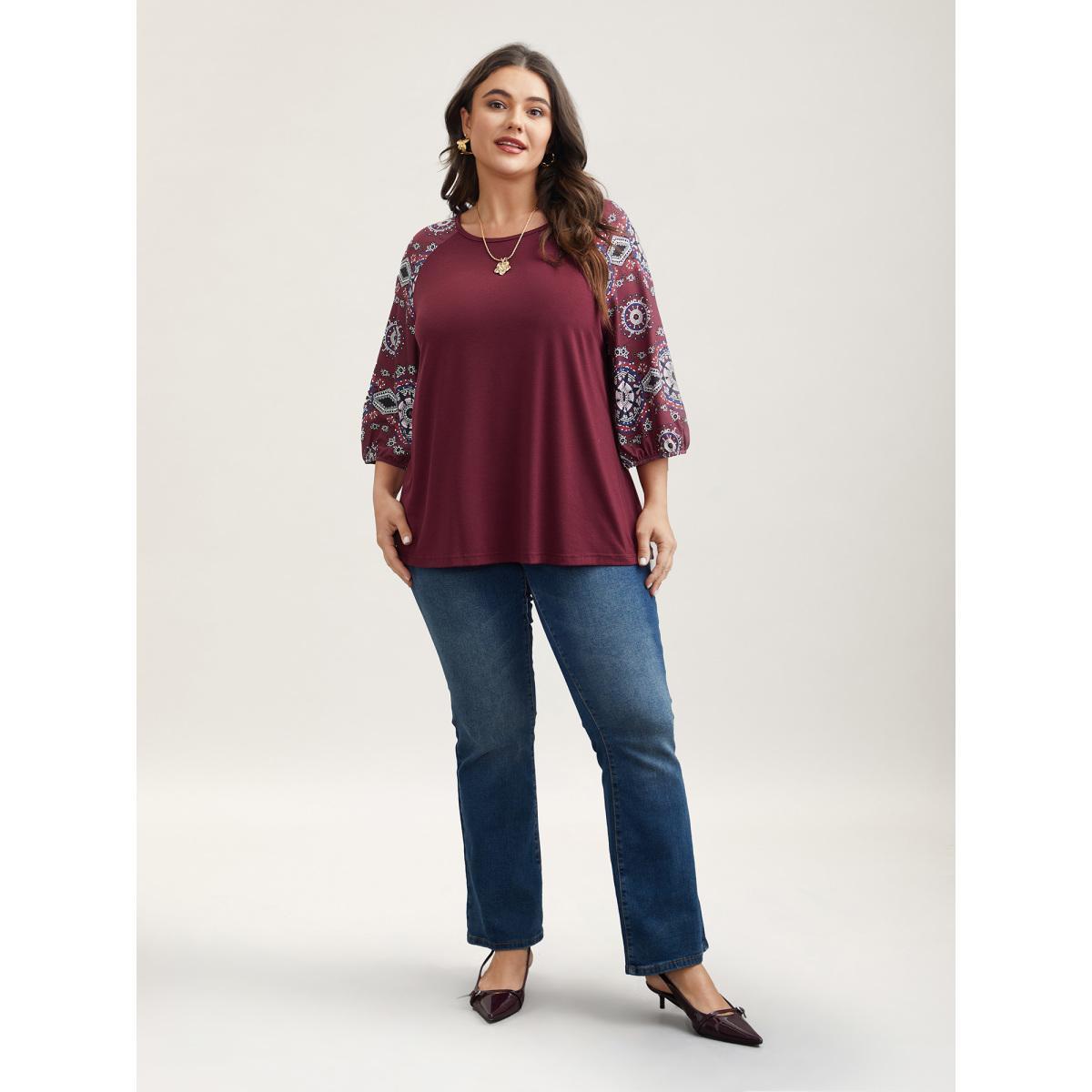 Plus Size Boho Print Sleeve Round Neck T-Shirt Scarlet Women Elegant Contrast Round Neck Everyday T-shirts BloomChic 30/6X Product Image