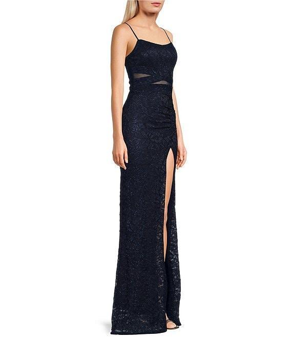 Honey and Rosie Glittered Stretch Lace Square Neck Criss Cross Mesh Insert Front Slit Dress Product Image