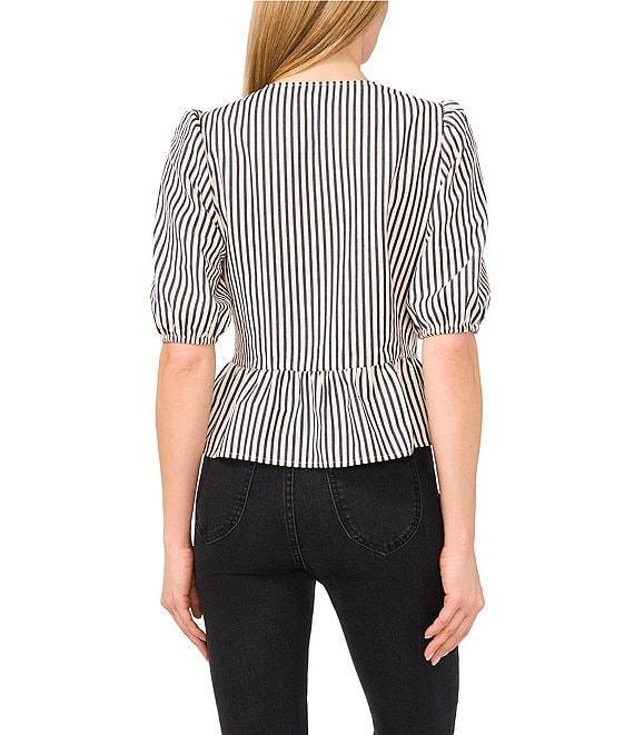 CeCe Coordinating Woven Striped Crew Neck Short Puff Sleeve Tie Peplum Top Product Image