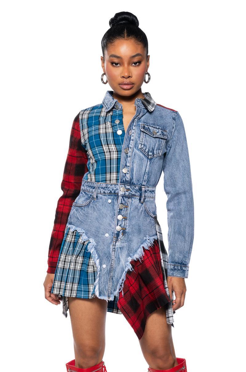 PATCHWORK PLAID DENIM MINI DRESS Product Image
