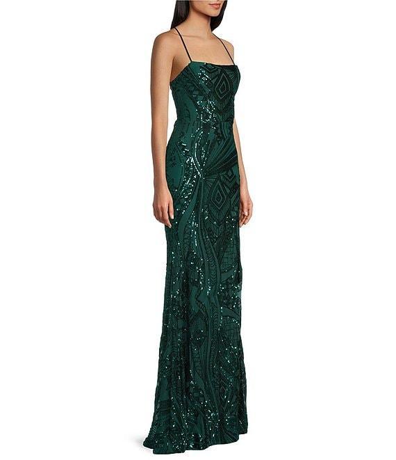 B. Darlin Sequin Pattern V-Neck Wide Strap Lace Up Back Dress Product Image