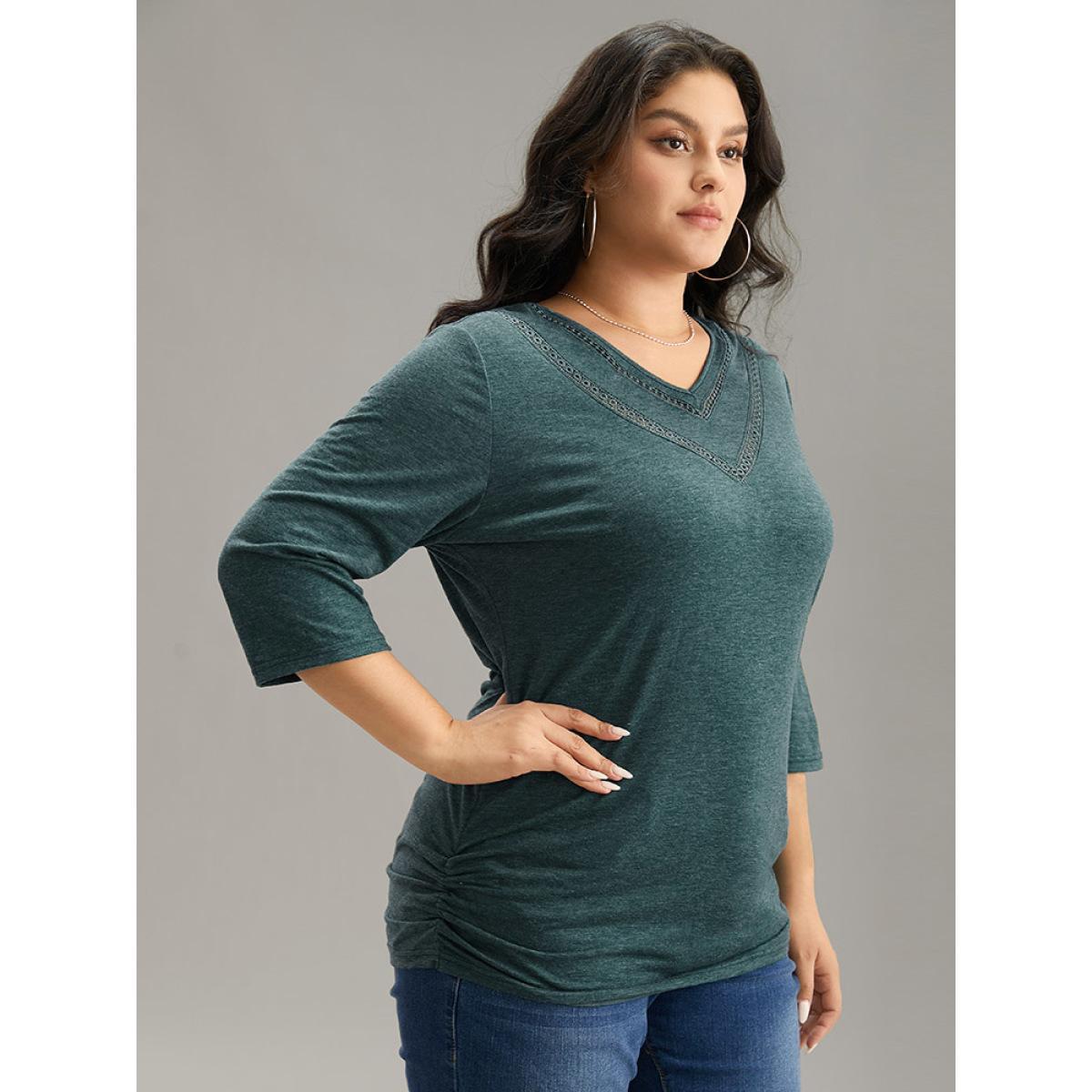 Plus Size Solid Gathered Contrast Lace V Neck T-shirt DarkGreen Women Elegant Gathered Plain V-neck Everyday T-shirts BloomChic 30/6X Product Image