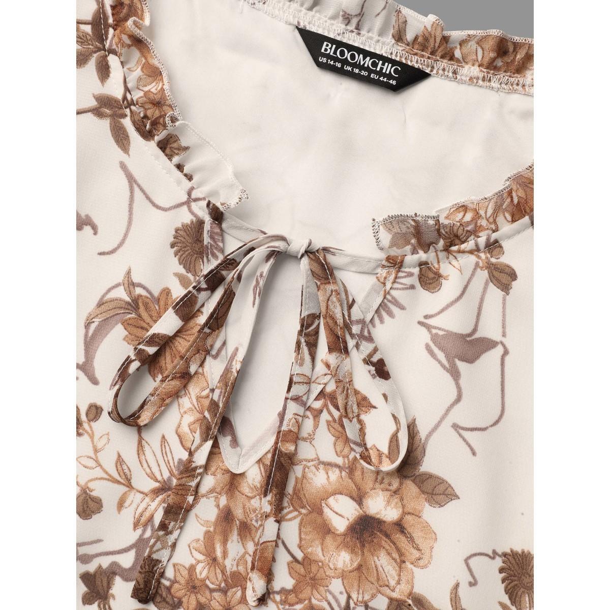 Plus Size WhiteSmoke Floral Print Ruffle Neck Shirt Women Elegant Short sleeve Flat collar with V-notch Everyday Blouses BloomChic 18-20/2X Product Image