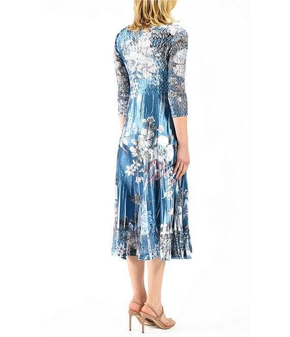 Komarov Charmeuse Floral Print Lace V-Neck 3/4 Sleeve Pleated Fit and Flare Dress Product Image