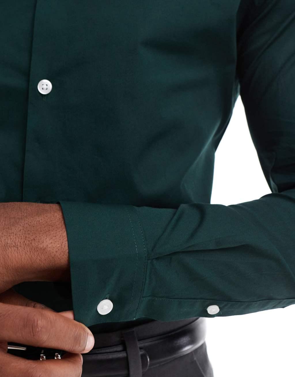 ASOS DESIGN skinny poplin shirt in dark green Product Image