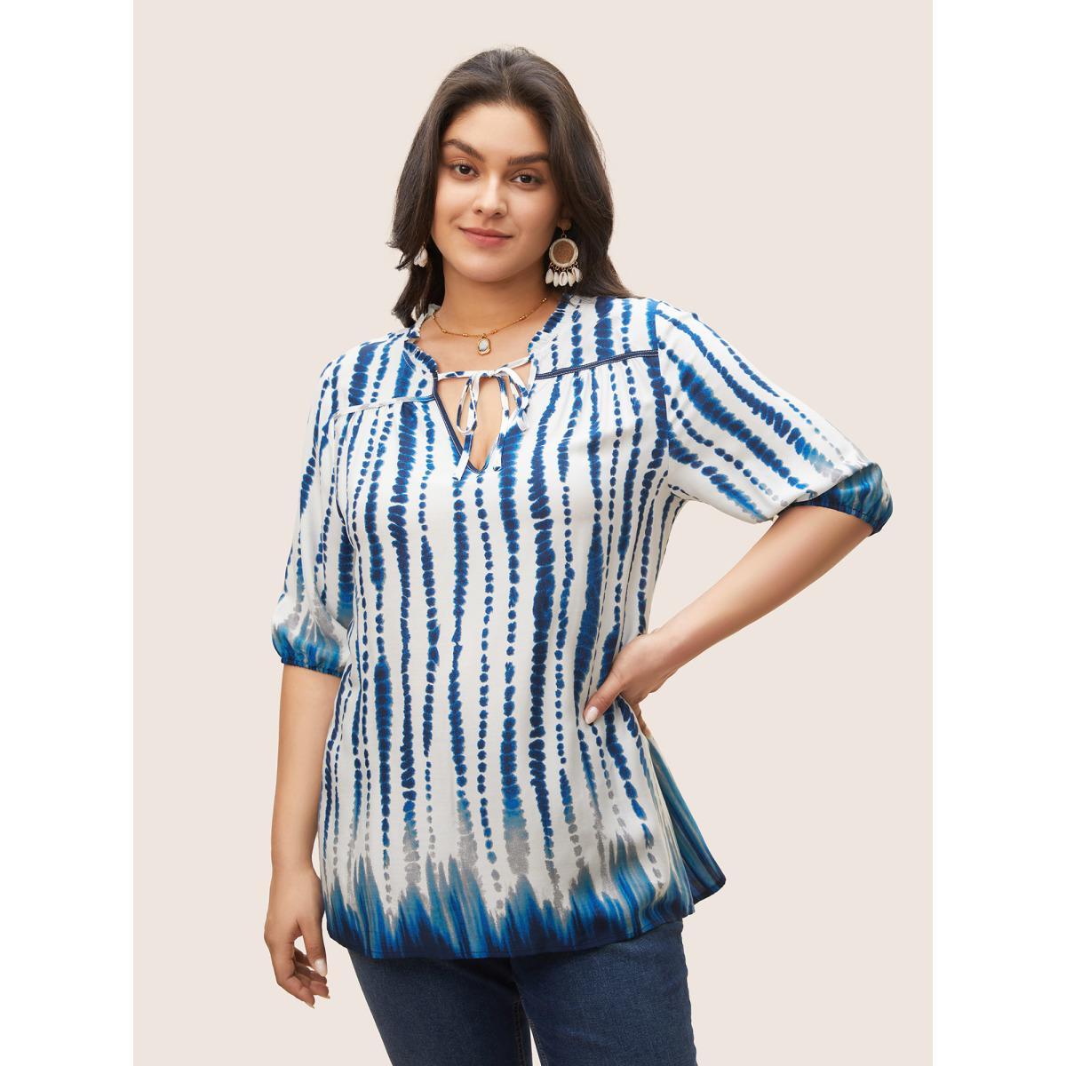 Plus Size DarkBlue Tie Dye Tie Neck Frill Trim Blouse Women Resort Half Sleeve Notched collar Vacation Blouses BloomChic 10/M Product Image