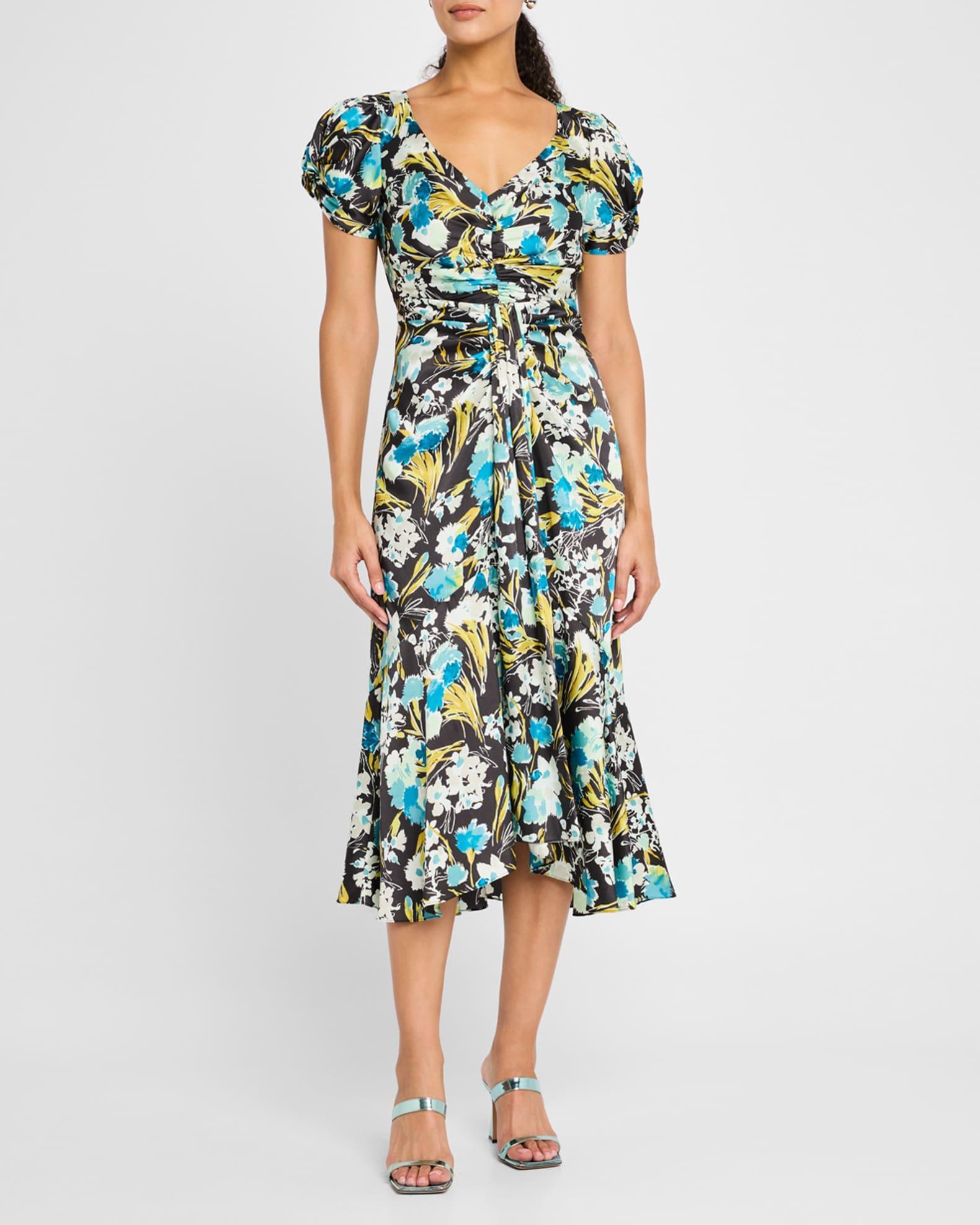 Walker Floral Puff-Sleeve Midi Dress Product Image