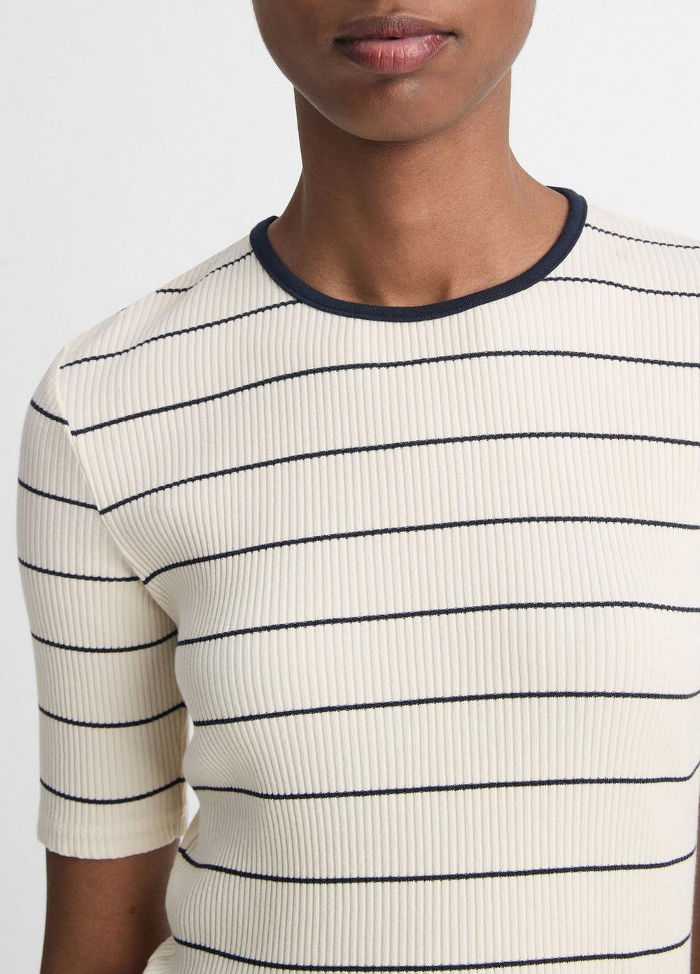 Womens Striped Ribbed Stretch-cotton Elbow-Sleeve T-Shirt, Flaxen/deep Lake, Size L Vince Product Image